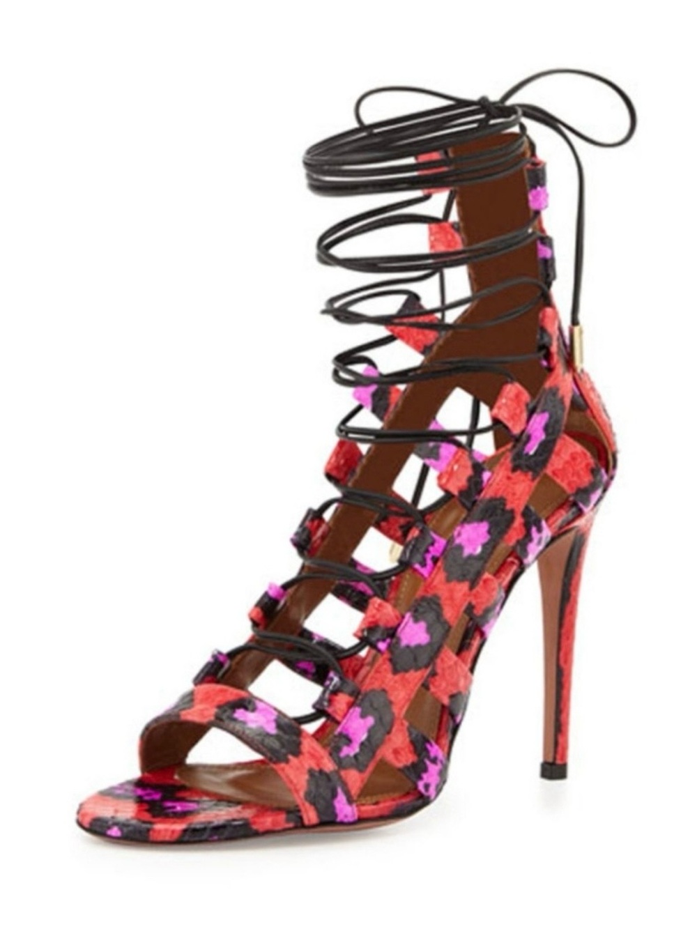 Aquazzura Amazon Elaphe Snakeskin Heels Pink Black Size 37 Roccia